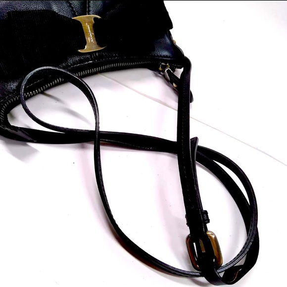 Auth Salvator Ferragamo Black Leather Small Studded Crescent Vara Hobo Bag - Picture 4 of 9